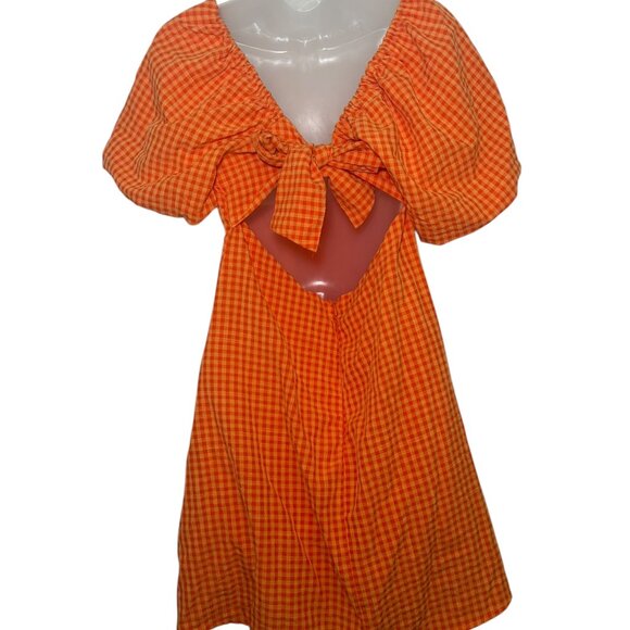 Louna Orange Gingham Puff Sleeve Mini Dress Size Large - Picture 4 of 7